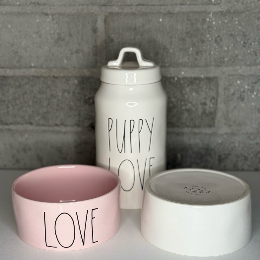 Rae Dunn Pet Set NWOT: PUPPY LOVE Canister + LOVE & XOXO Bowls - Picture 2 of 5